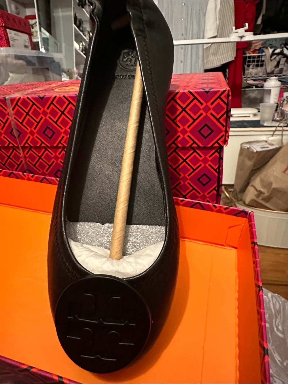 Tory Burch Black Leather Logo Ballet Flat